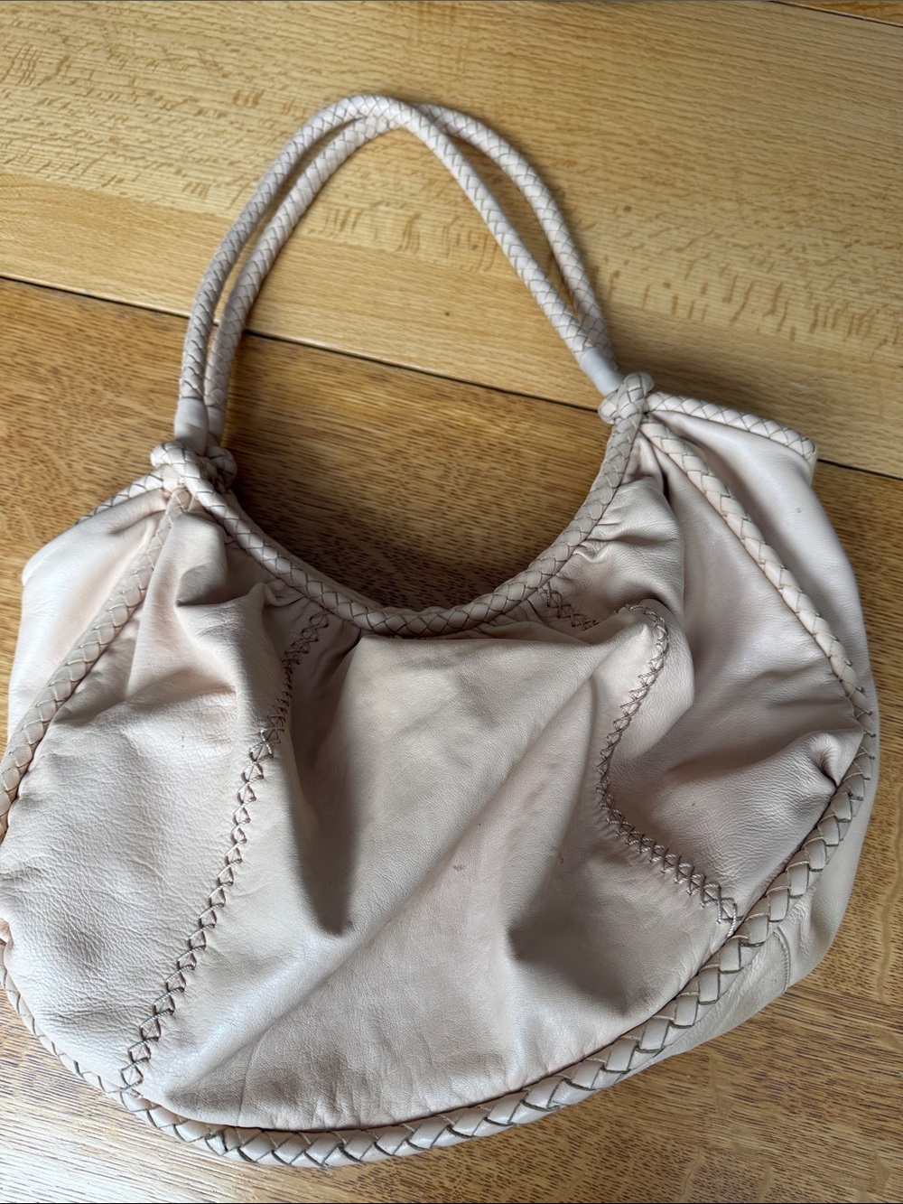 Beige Leather Double-Handle Hobo Bag
